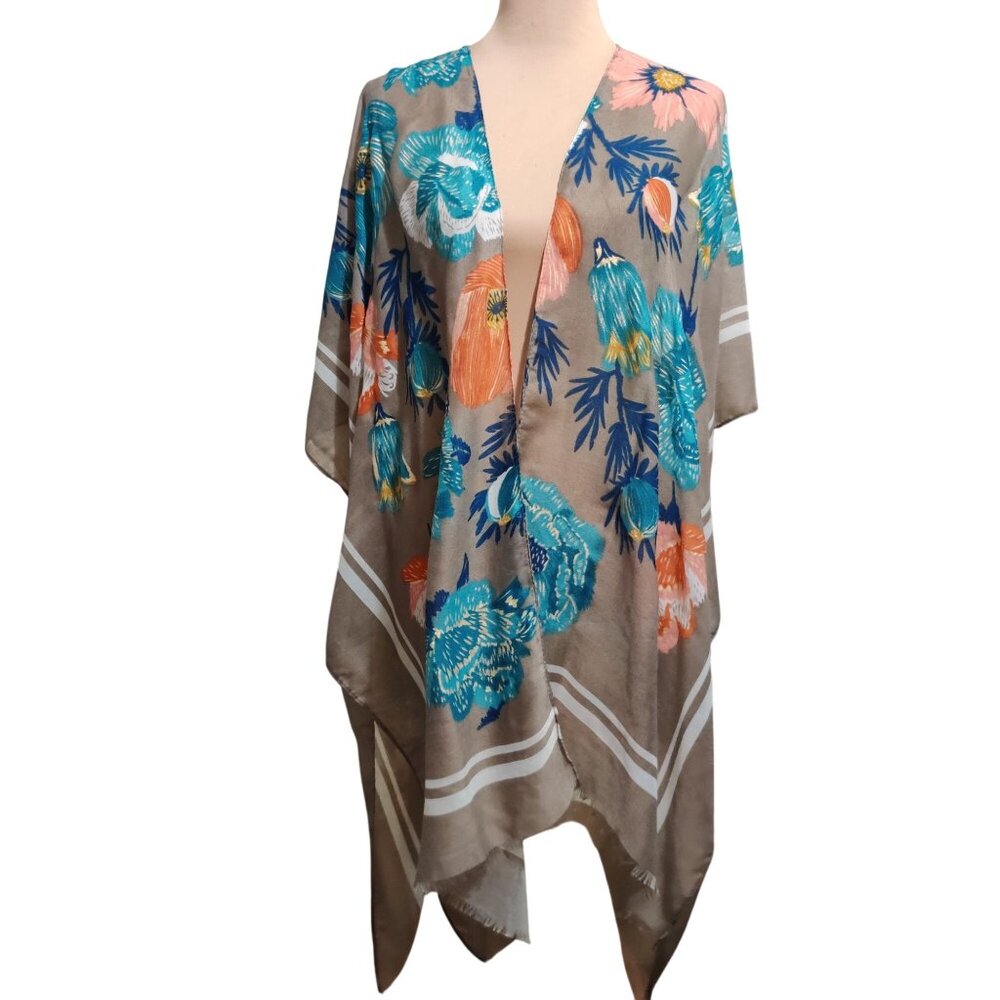 Woven Heart L Taupe Floral Open Front Kimono Gold Metallic Accent Tropical Boho